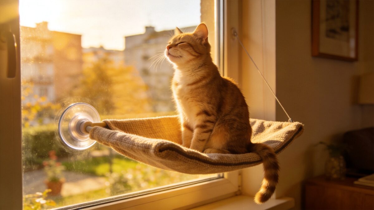 Cat lounging on window-mounted perch - ThreeCats