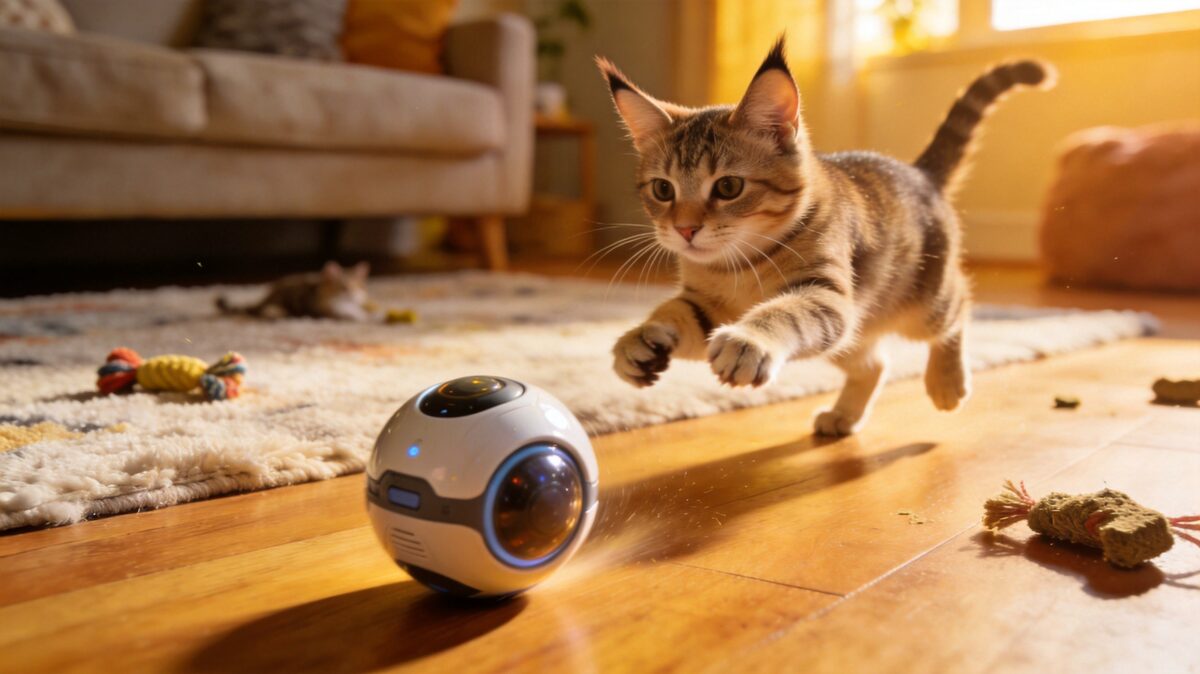 Cat playing with automatic rolling ball toy - ThreeCats