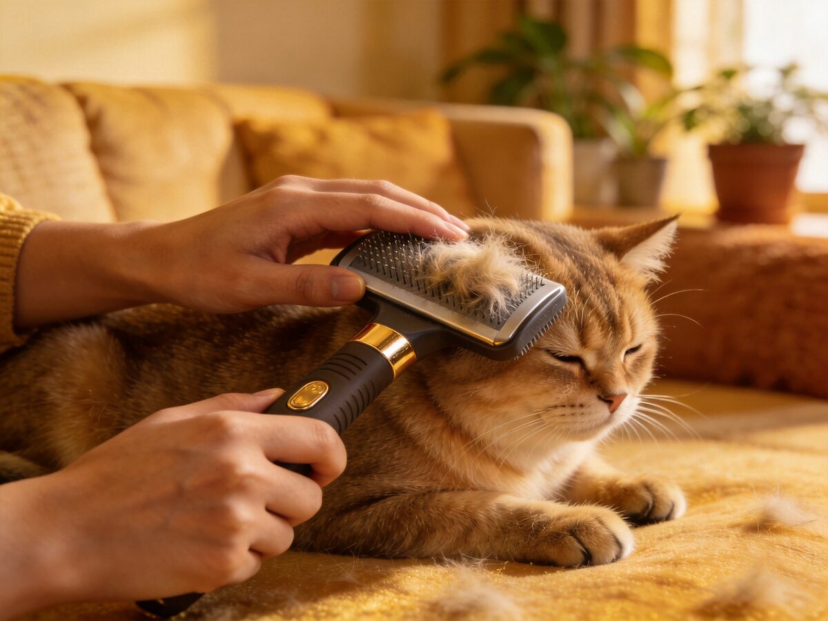 Grooming cat with de-shedding brush tool - ThreeCats
