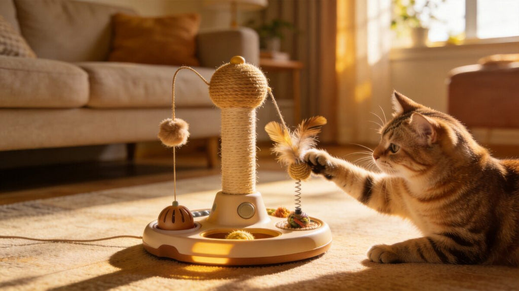Cat enjoying 3-in-1 interactive toy - ThreeCats