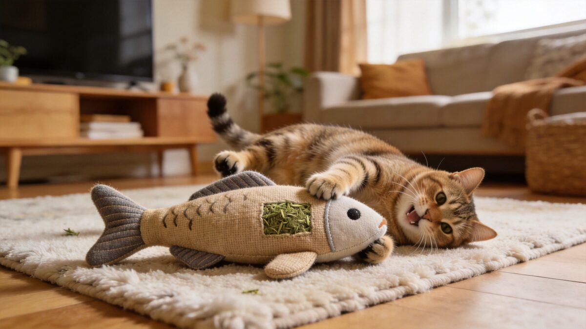 Cat playing with organic catnip fish toy - ThreeCats