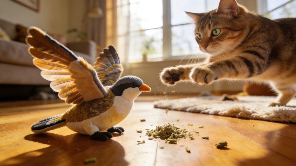 Cat pouncing on flapping bird toy - ThreeCats