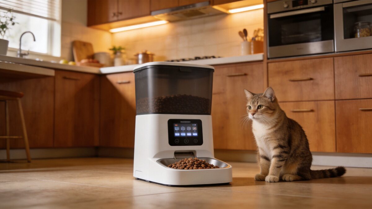 Automatic cat feeder in modern kitchen - ThreeCats