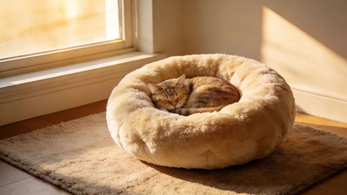 Cat sleeping in donut plush bed - ThreeCats