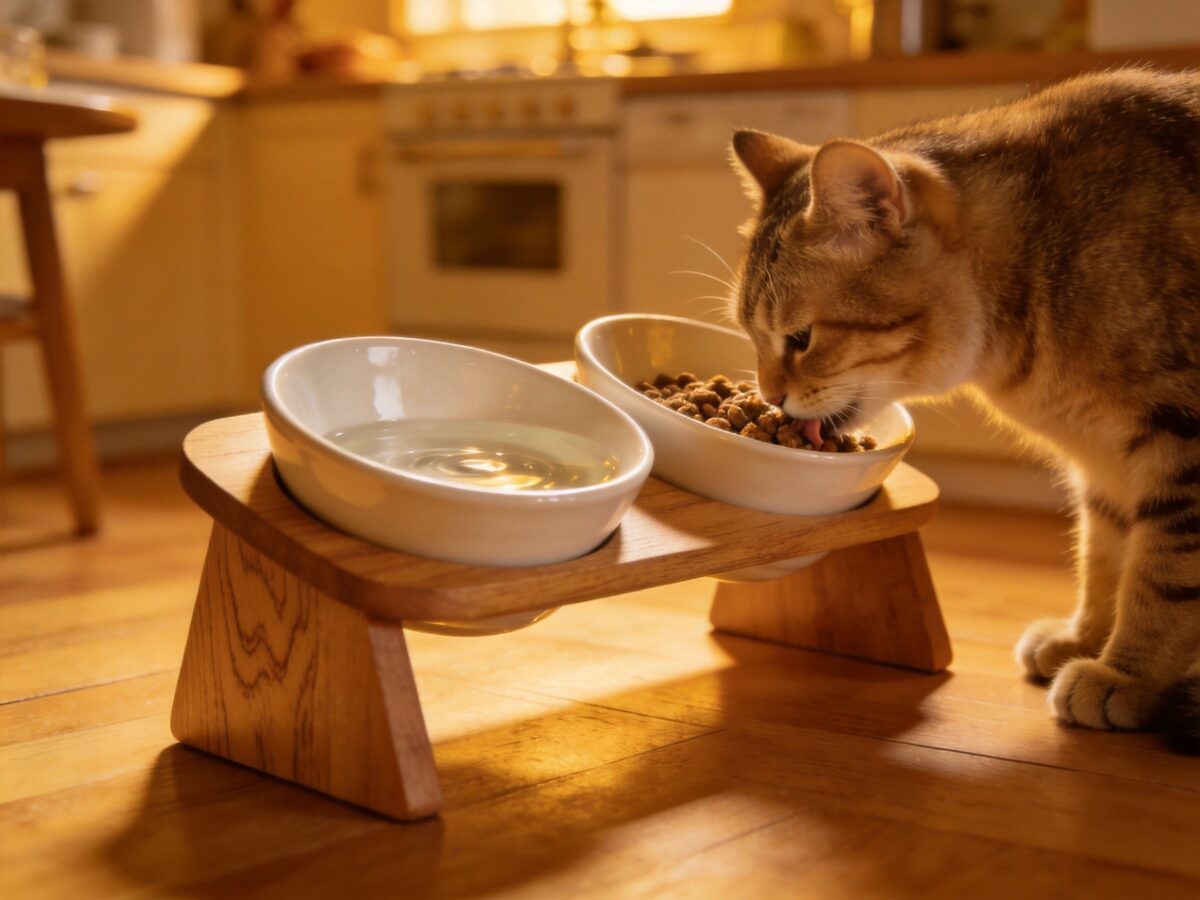 Cat eating from elevated ceramic bowl stand - ThreeCats