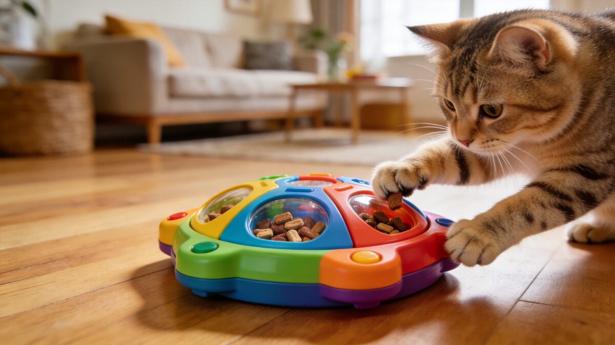 Cat playing with interactive puzzle feeder - ThreeCats