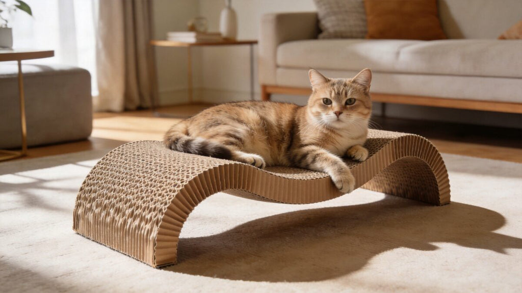 Cat lounging on corrugated scratching pad - ThreeCats