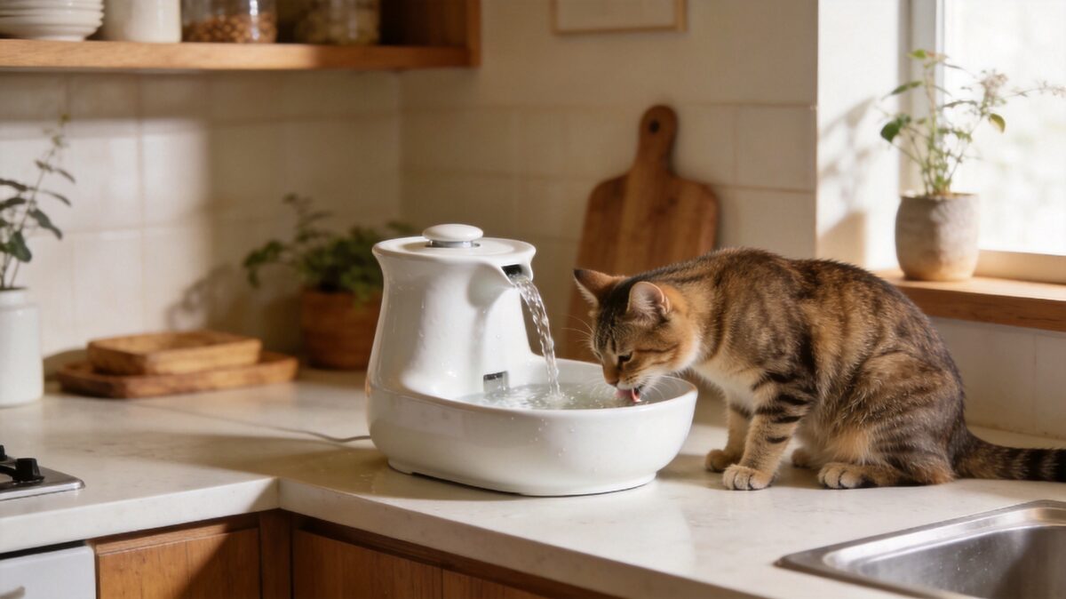 Cat enjoying fresh water from ceramic fountain - ThreeCats