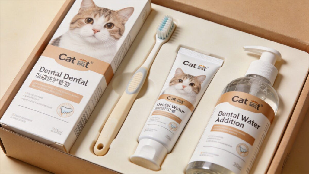 Complete dental care bundle contents flat lay - ThreeCats