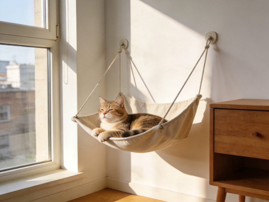 Cat relaxing in hanging hammock bed - ThreeCats