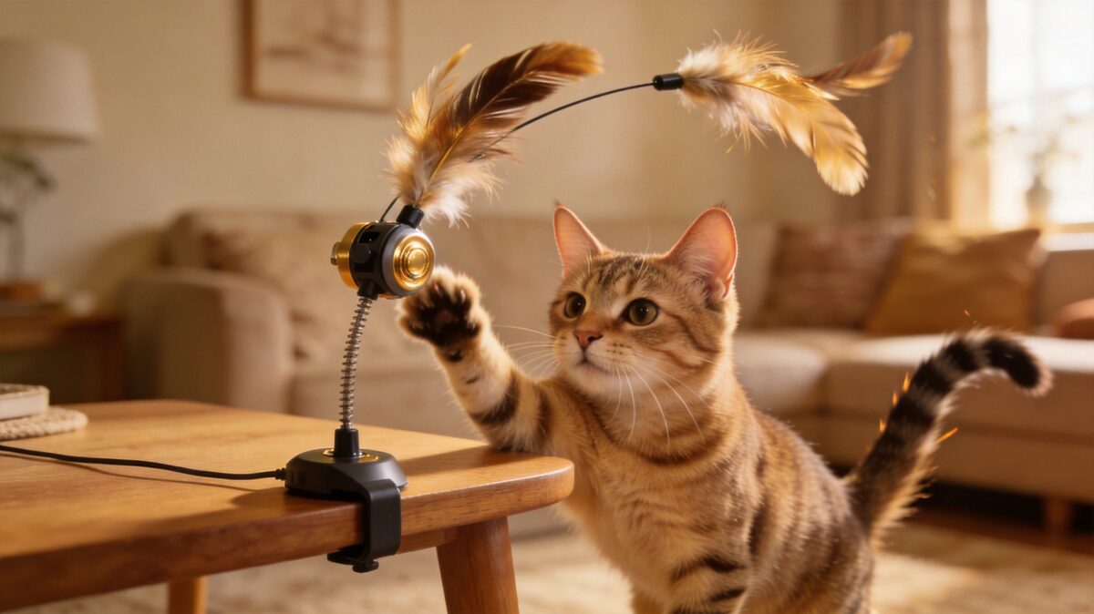Cat swiping at automatic feather wand toy - ThreeCats