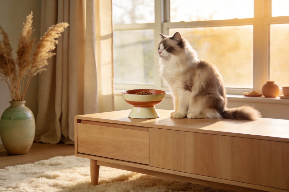 Premium cat essentials beautifully designed for modern homes - elevated bowls stylish scratchers and wellness products